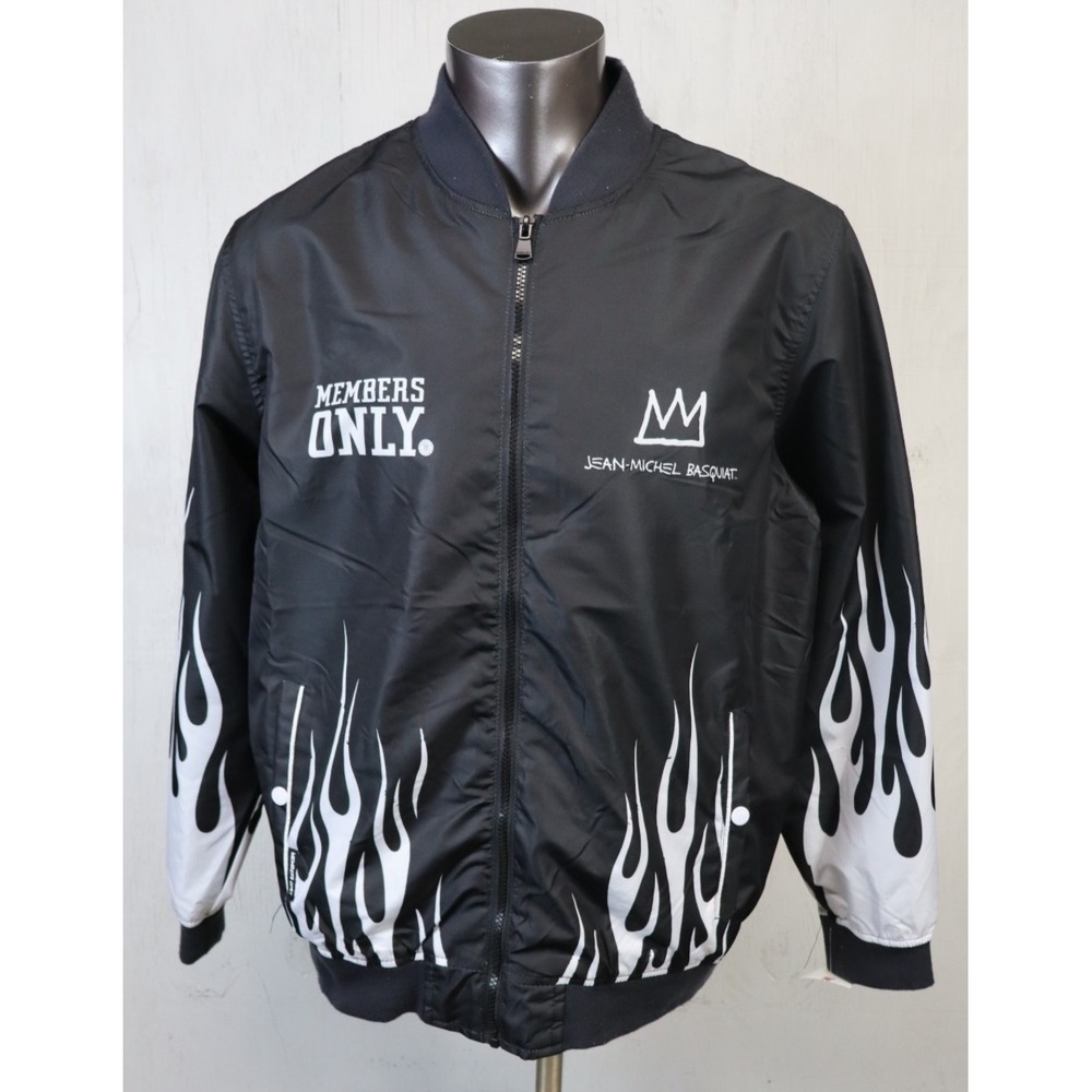 Jean Michel Basquiat Members Only Jacket Black White Flames Bomber Mona Lisa XL